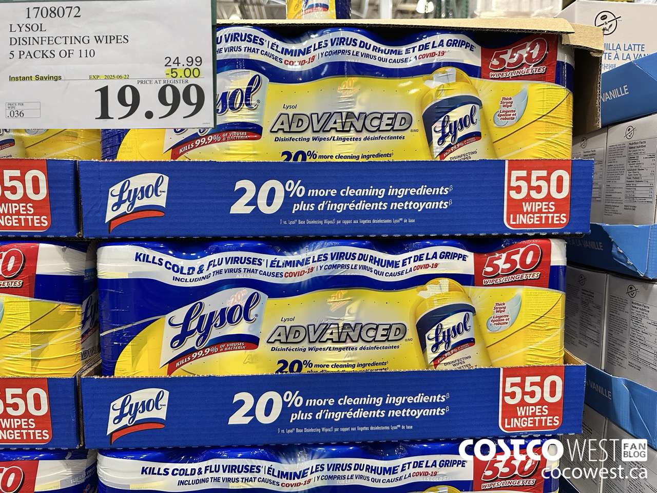 1708072 LYSOL DISINFECTING WIPES 5 X 110 WIPES ($5.00 INSTANT SAVINGS EXPIRES ON 2025-06-22) $19.99