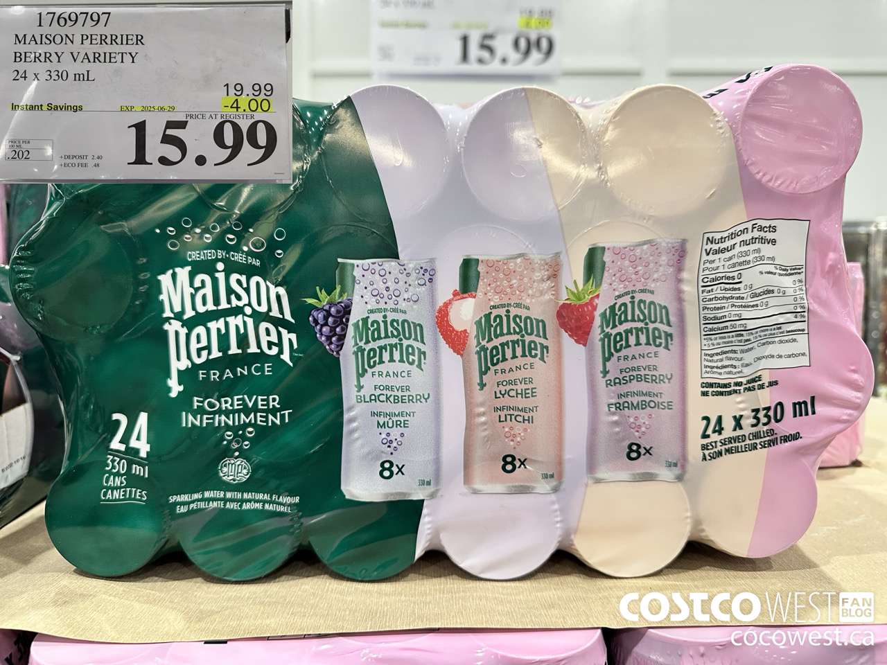 1769797 MAISON PERRIER BERRY VARIETY 24 X 330ML ($4.00 INSTANT SAVINGS EXPIRES ON 2025-06-29) $15.99