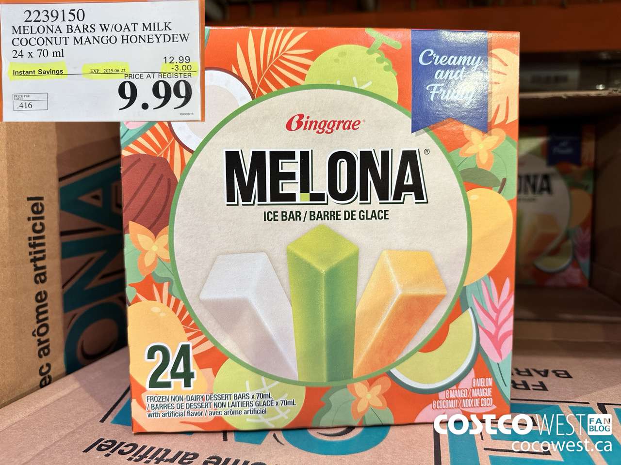 2239150 MELONA BARS W/OAT MILK COCONUT MANGO HONEYDEW 24 X 70ML ($3.00 INSTANT SAVINGS EXPIRES ON 2025-06-22) $9.99