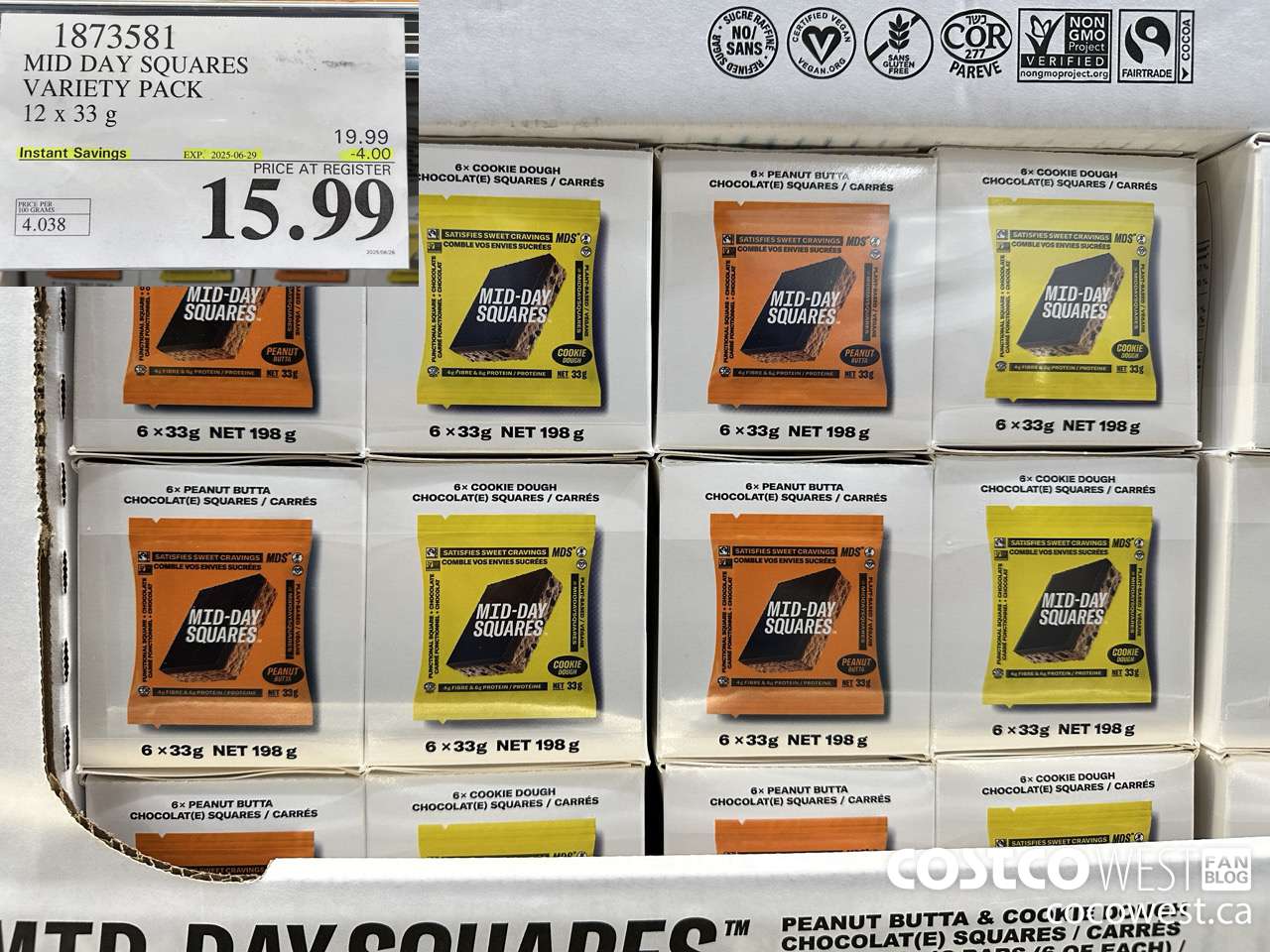 1873581 MID DAY SQUARES VARIETY PACK 12 X 33G ($4.00 INSTANT SAVINGS EXPIRES ON 2025-06-29) $15.99