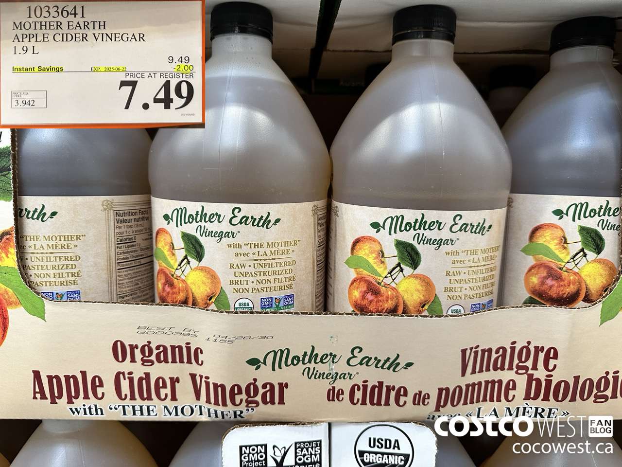 1033641 MOTHER EARTH ORGANIC APPLE CIDER VINEGAR 1.9L ($2.00 INSTANT SAVINGS EXPIRES ON 2025-06-22) $7.49