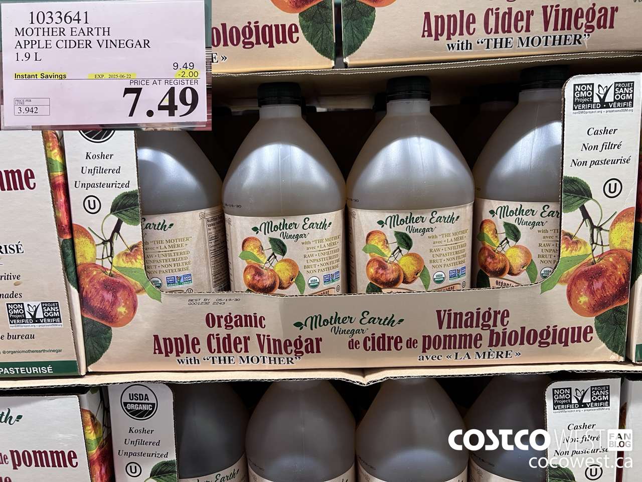 1033641 MOTHER EARTH ORGANIC APPLE CIDER VINEGAR 1.9L ($2.00 INSTANT SAVINGS EXPIRES ON 2025-06-22) $7.49