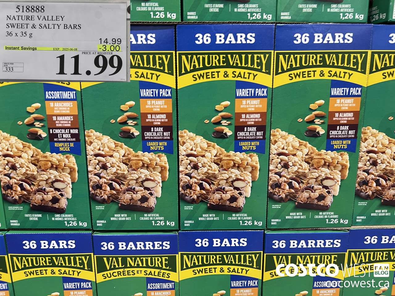 518888 NATURE VALLEY SWEET & SALTY BARS 36 X 35 G ($3.00 INSTANT SAVINGS EXPIRES ON 2025-06-08) $11.99