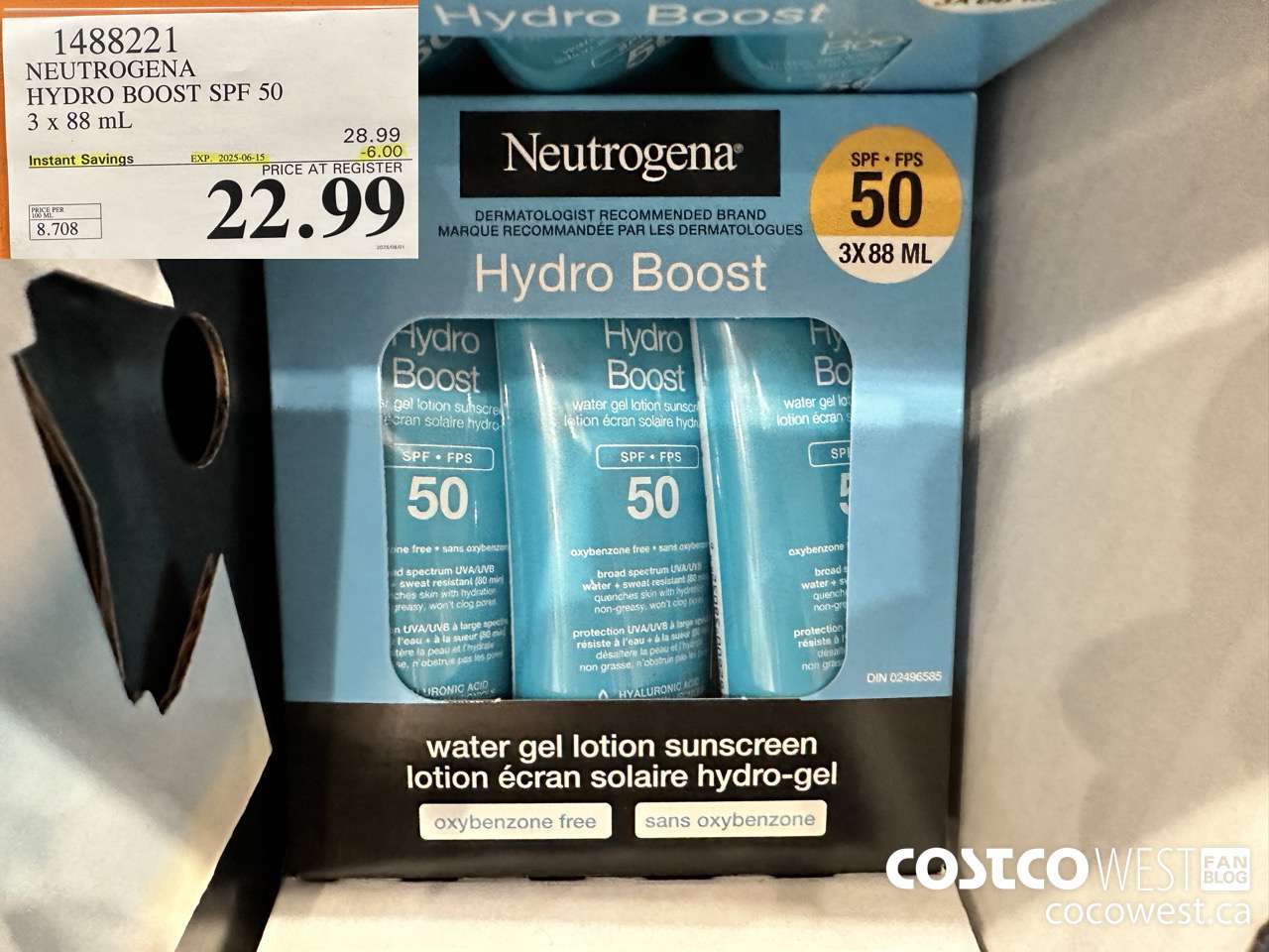 1488221 NEUTROGENA HYDROBOOST SPF 50 OXY-FREE 3 x 88 mL ($6.00 INSTANT SAVINGS EXPIRES ON 2025-06-15) $22.99