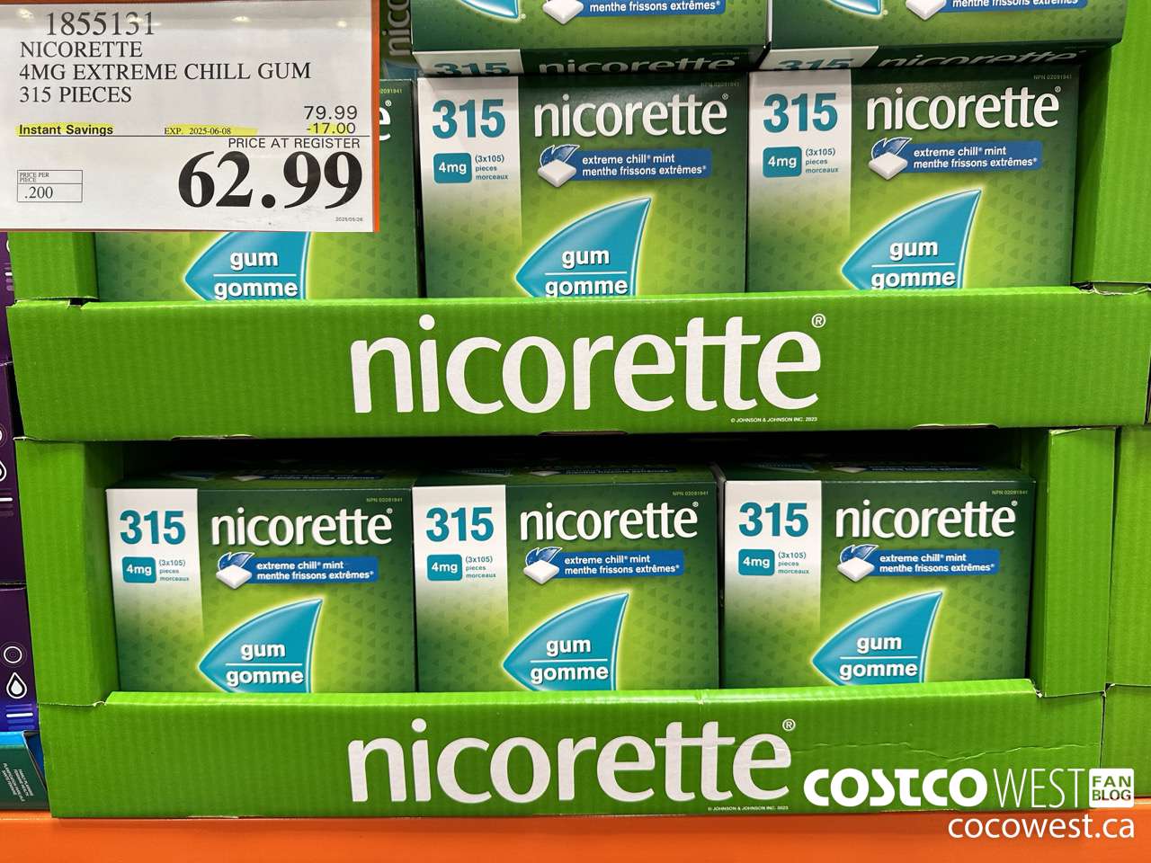 1855131 NICORETTE 4MG EXTREME CHILL GUM 315 PIECES ($17.00 INSTANT SAVINGS EXPIRES ON 2025-06-08) $62.99