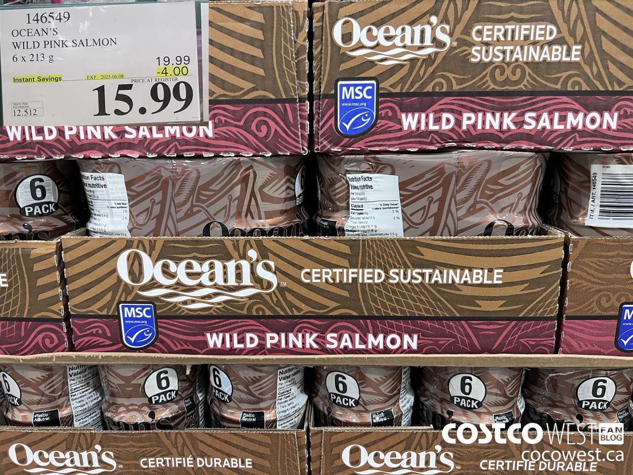 146549 OCEAN'S PINK SALMON 6 X 213 G ($4.00 INSTANT SAVINGS EXPIRES ON 2025-06-08) $15.99