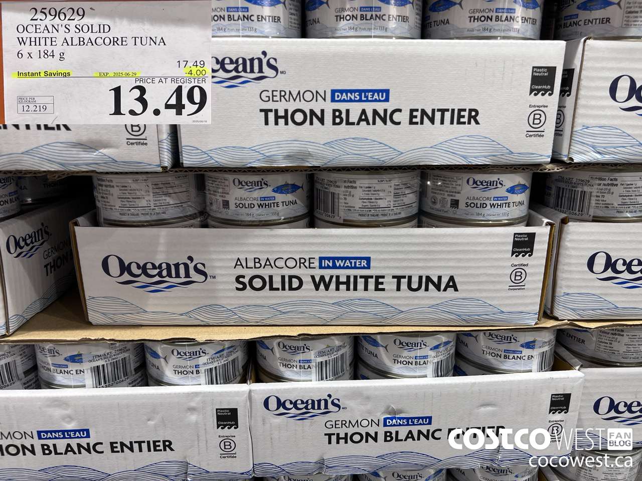 259629 OCEAN'S SOLID WHITE TUNA 6 X 184 G ($4.00 INSTANT SAVINGS EXPIRES ON 2025-06-29) $13.49