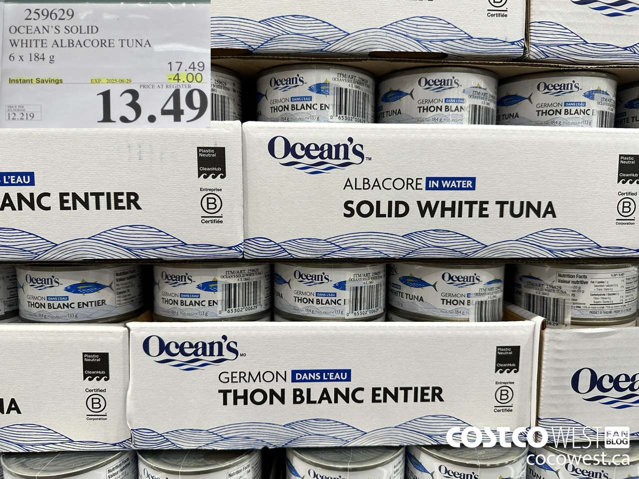 259629 OCEAN'S SOLID WHITE TUNA 6 X 184 G ($4.00 INSTANT SAVINGS EXPIRES ON 2025-06-29) $13.49