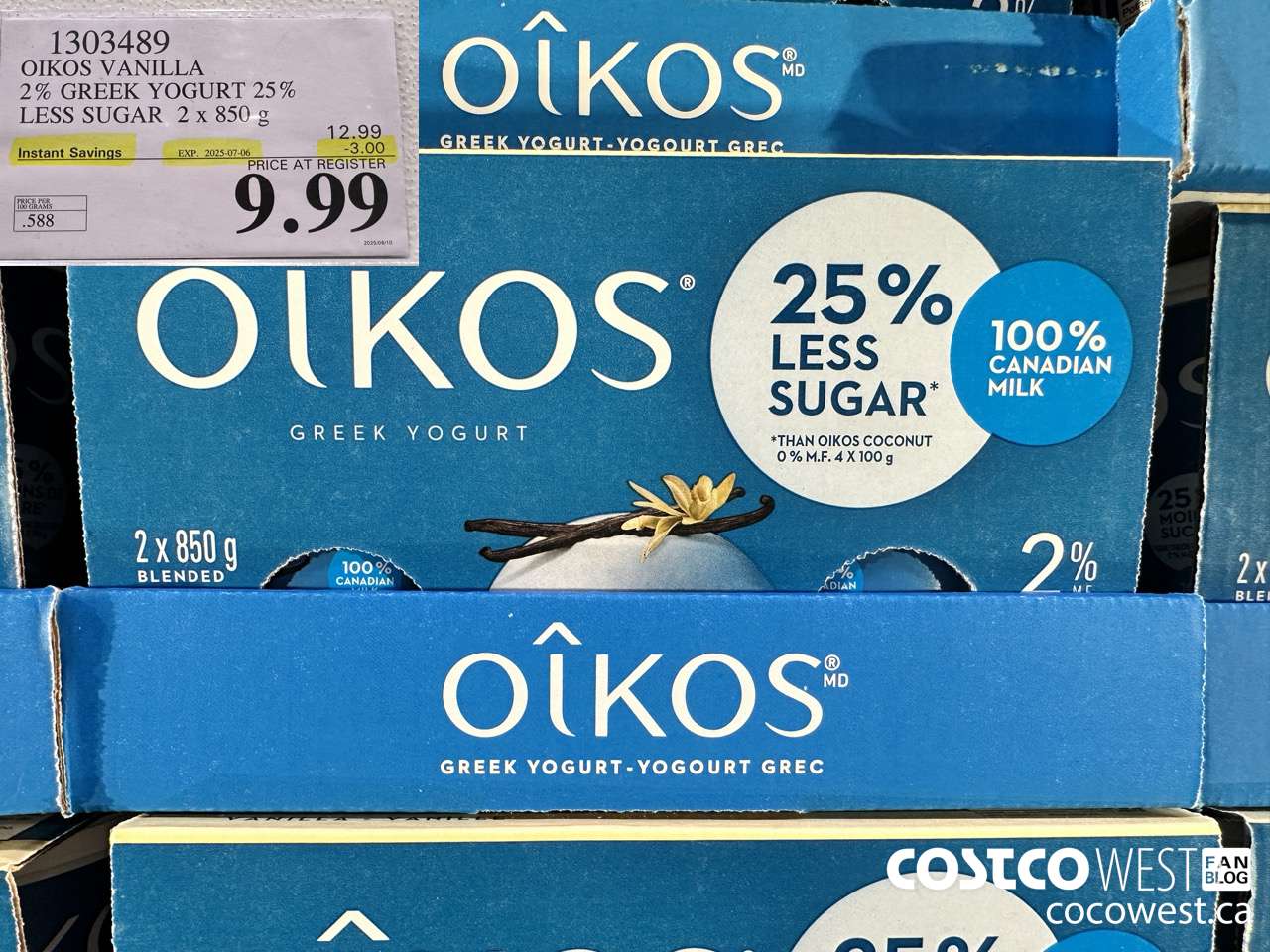 1303489 OIKOS VANILLA 2 % GREEK YOGURT 25% LESS SUGAR 2 x 850 g ($3.00 INSTANT SAVINGS EXPIRES ON 2025-07-06) $9.99