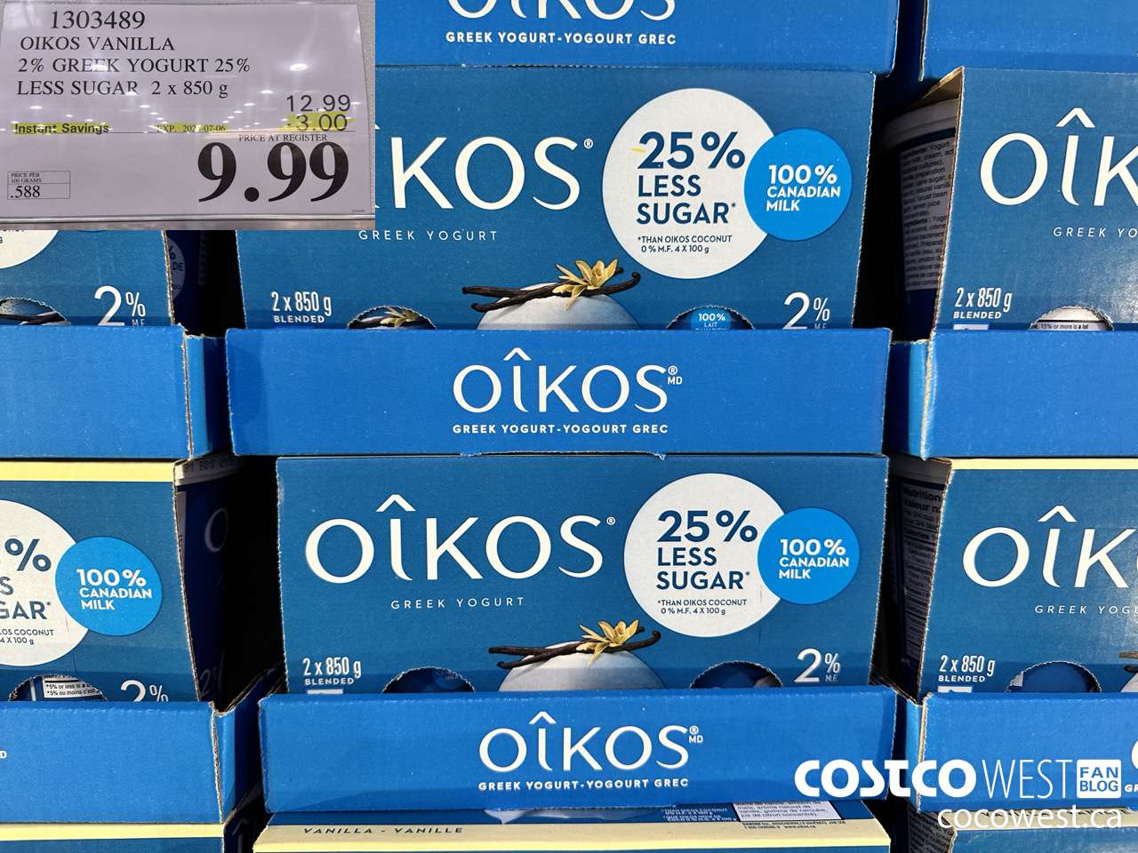 1303489 OIKOS VANILLA 2 % GREEK YOGURT 25% LESS SUGAR 2 x 850 g ($3.00 INSTANT SAVINGS EXPIRES ON 2025-07-06) $9.99