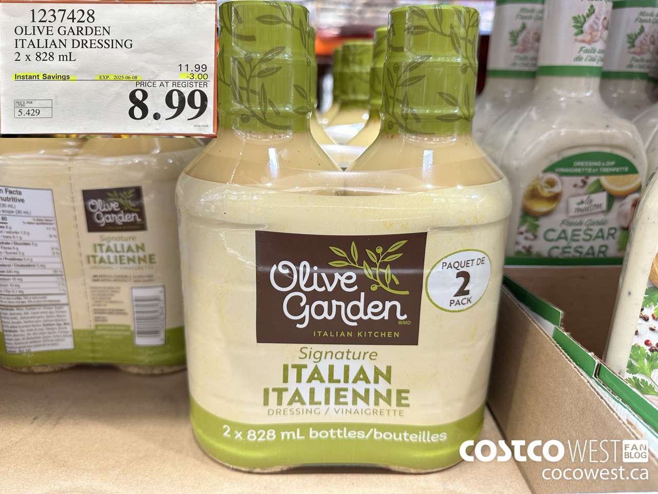 1237428 OLIVE GARDEN ITALIAN DRESSING 2 X 828ML ($3.00 INSTANT SAVINGS EXPIRES ON 2025-06-08) $8.99