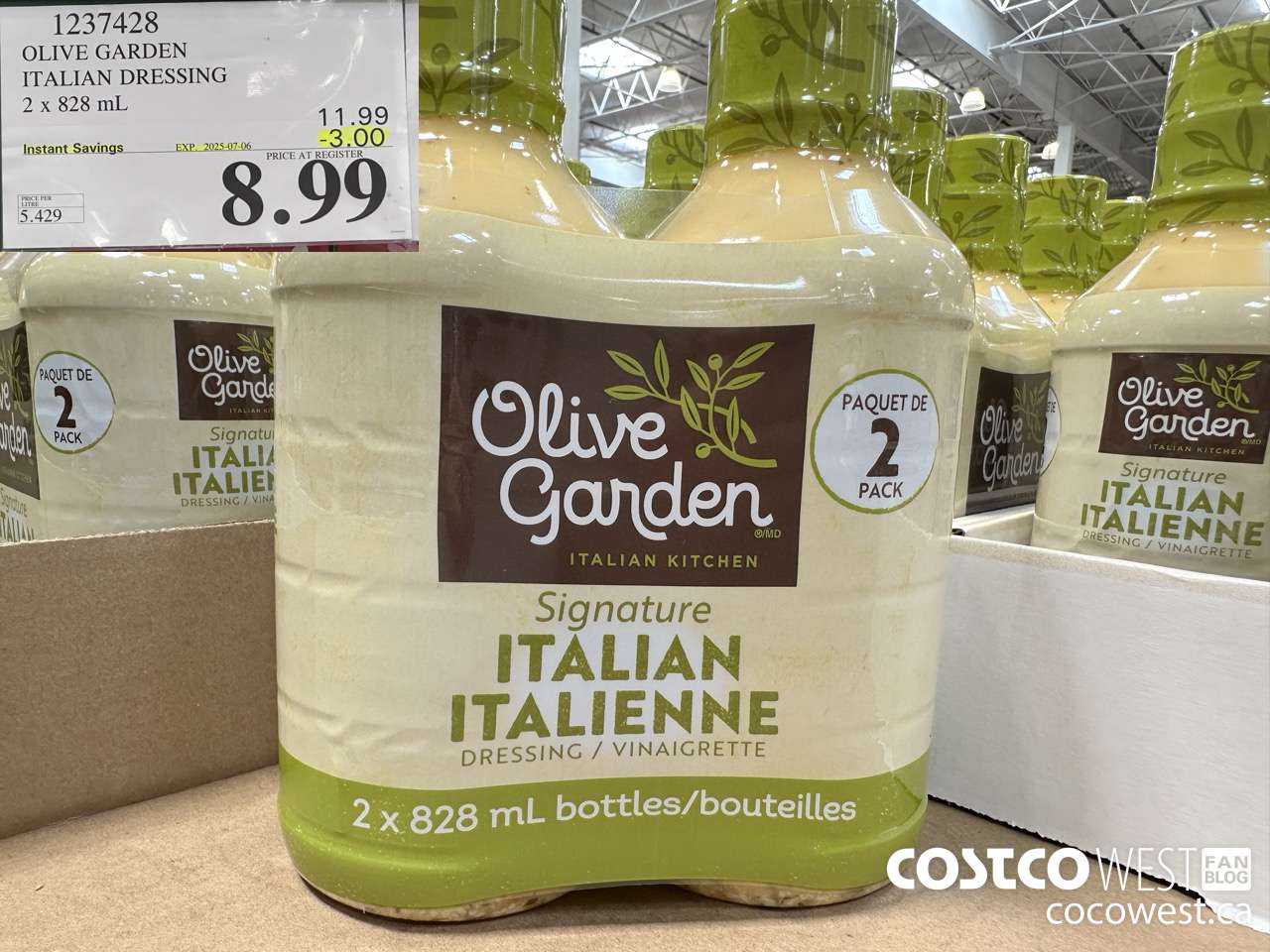 1237428 OLIVE GARDEN ITALIAN DRESSING 2 X 828ML ($3.00 INSTANT SAVINGS EXPIRES ON 2025-07-06) $8.99