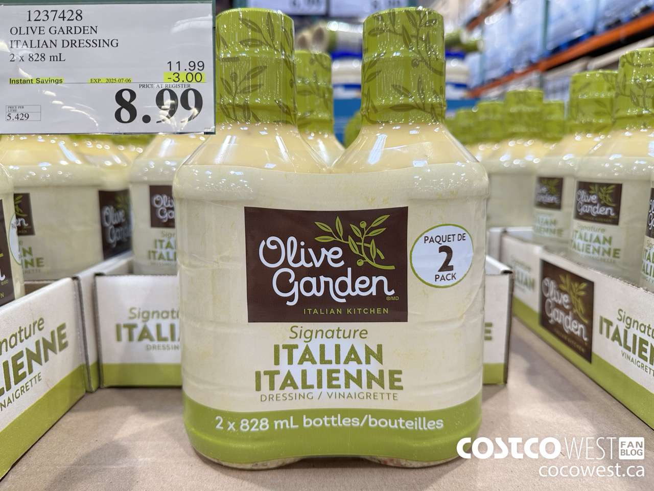 1237428 OLIVE GARDEN ITALIAN DRESSING 2 X 828ML ($3.00 INSTANT SAVINGS EXPIRES ON 2025-07-06) $8.99
