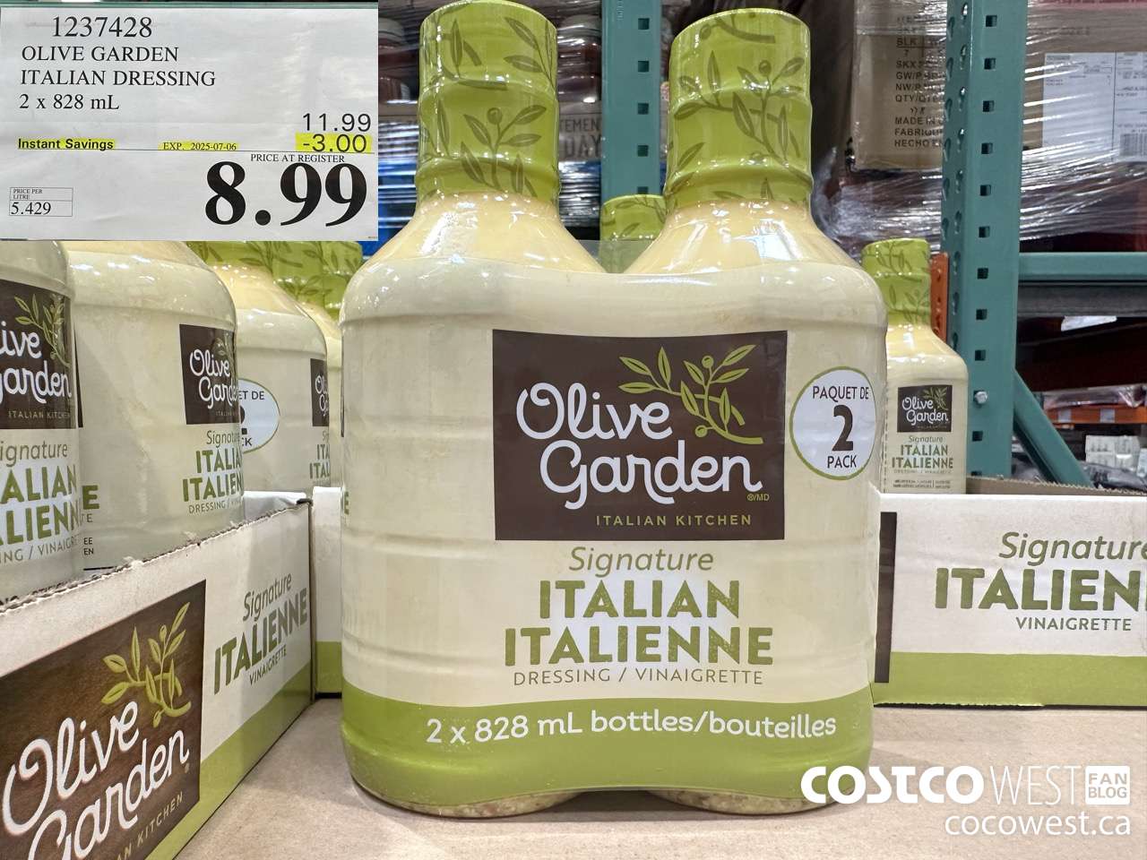 1237428 OLIVE GARDEN ITALIAN DRESSING 2 X 828ML ($3.00 INSTANT SAVINGS EXPIRES ON 2025-07-06) $8.99