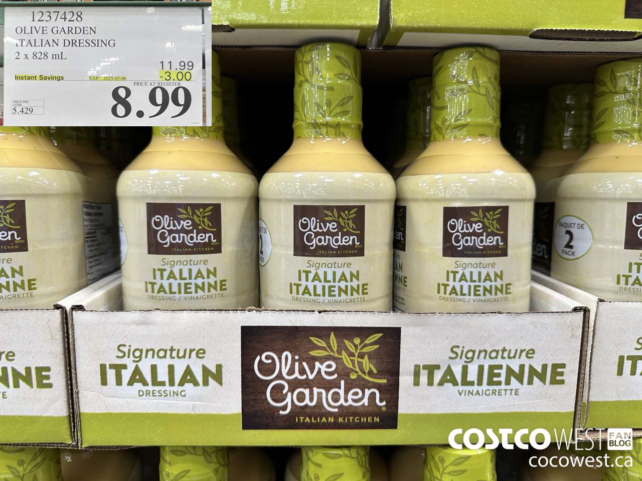 1237428 OLIVE GARDEN ITALIAN DRESSING 2 X 828ML ($3.00 INSTANT SAVINGS EXPIRES ON 2025-07-06) $8.99
