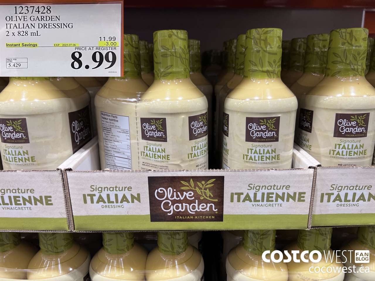 1237428 OLIVE GARDEN ITALIAN DRESSING 2 X 828ML ($3.00 INSTANT SAVINGS EXPIRES ON 2025-07-06) $8.99