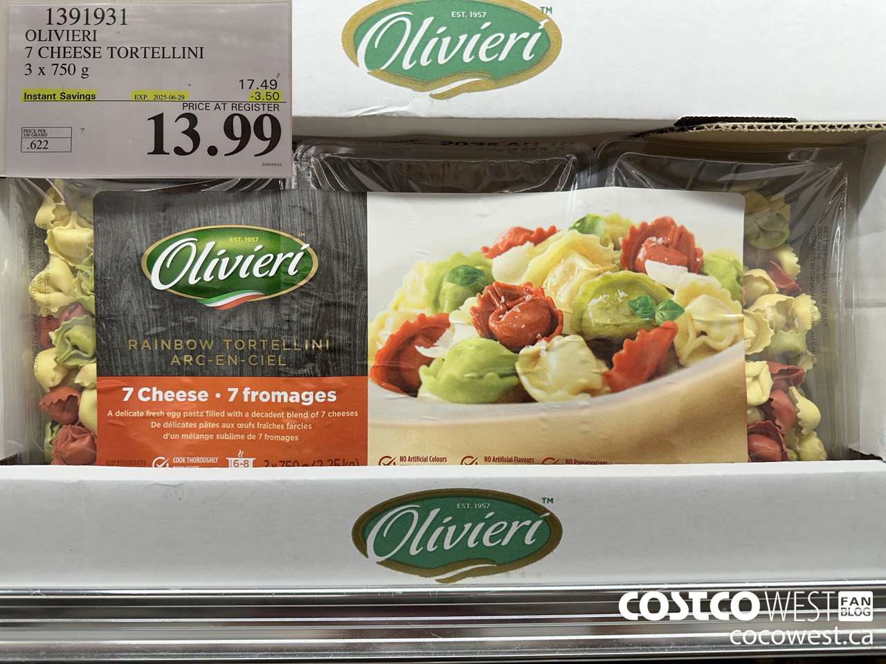 1391931 OLIVIERI 7 CHEESE TORTELLINI 3 x 750 g ($3.50 INSTANT SAVINGS EXPIRES ON 2025-06-29) $13.99
