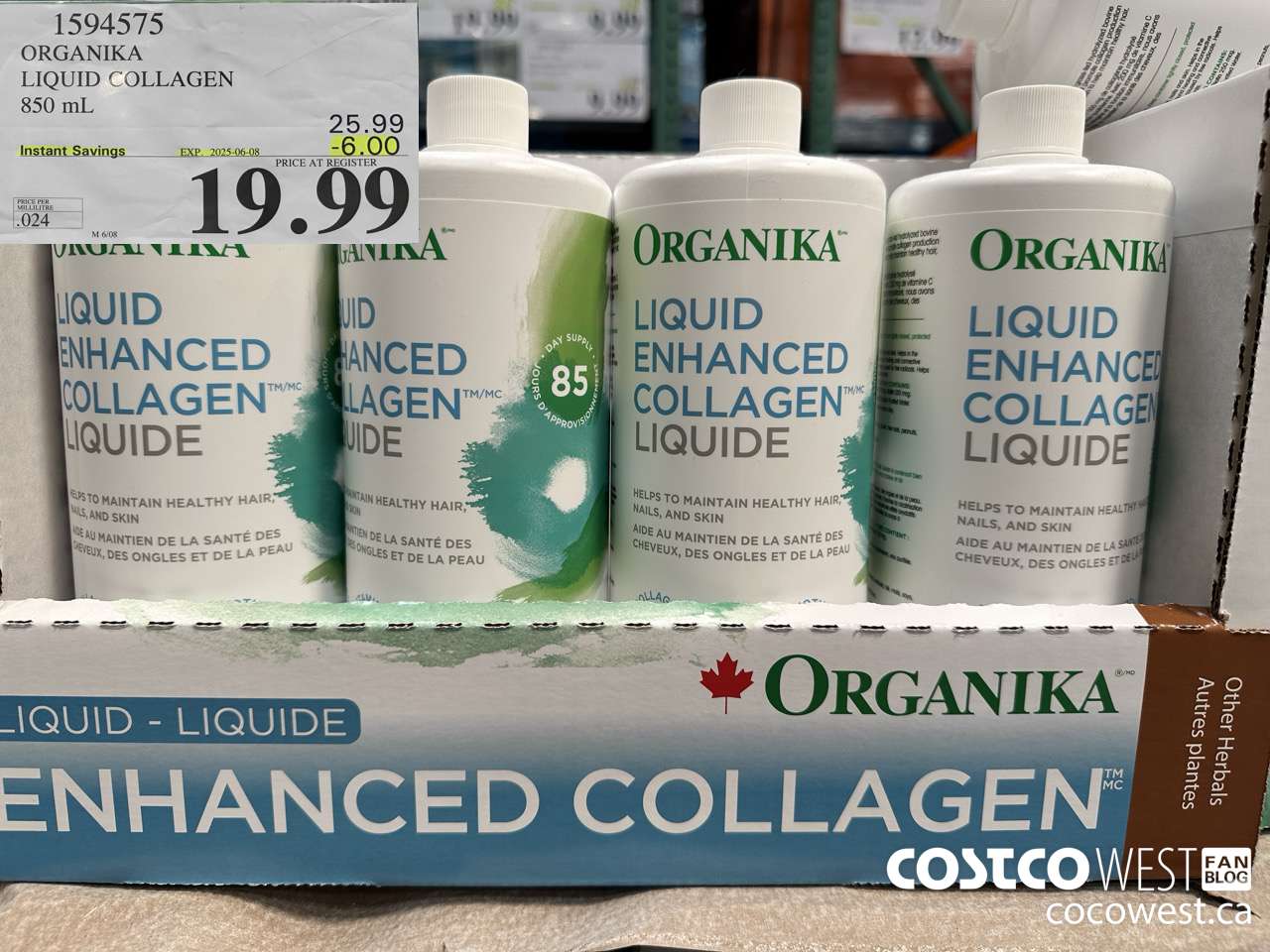 1594575 ORGANIKA LIQUID COLLAGEN 850 ML ($6.00 INSTANT SAVINGS EXPIRES ON 2025-06-08) $19.99