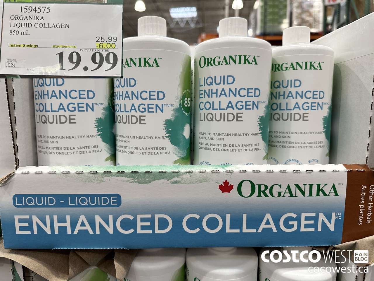 1594575 ORGANIKA LIQUID COLLAGEN 850 ML ($6.00 INSTANT SAVINGS EXPIRES ON 2025-07-06) $19.99