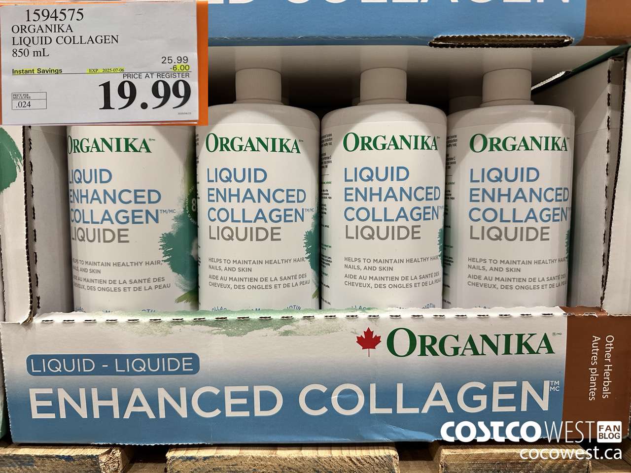 1594575 ORGANIKA LIQUID COLLAGEN 850 ML ($6.00 INSTANT SAVINGS EXPIRES ON 2025-07-06) $19.99