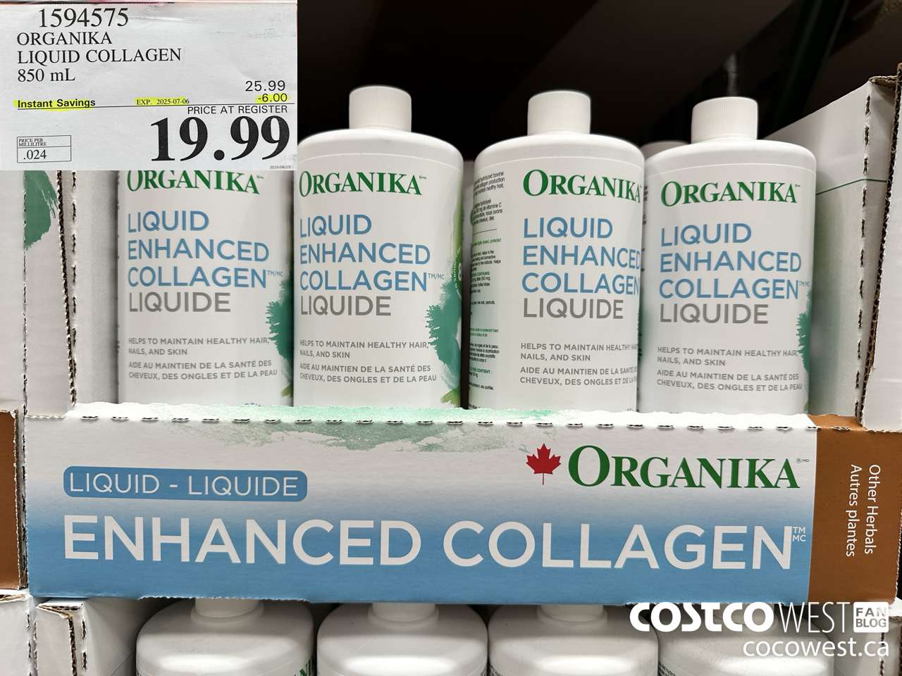 1594575 ORGANIKA LIQUID COLLAGEN 850 ML ($6.00 INSTANT SAVINGS EXPIRES ON 2025-07-06) $19.99