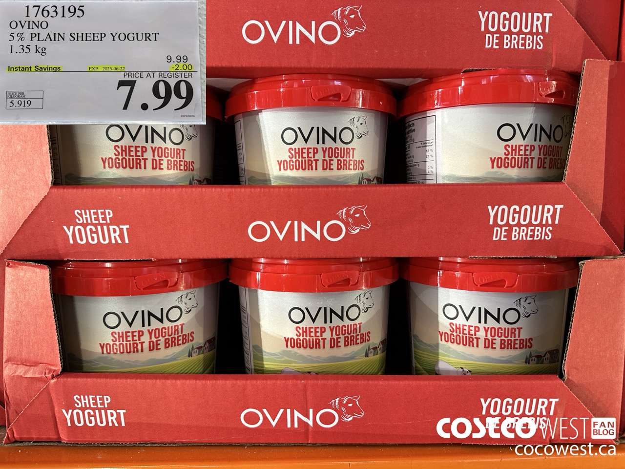 1763195 OVINO 5% PLAIN SHEEP YOGURT 1.35KG ($2.00 INSTANT SAVINGS EXPIRES ON 2025-06-22) $7.99