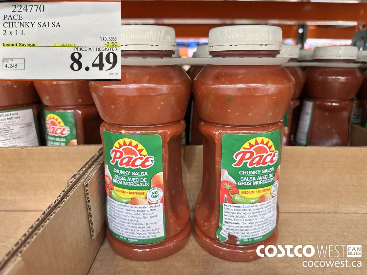224770 PACE THICK & CHUNKY SALSA 2 X 1L ($2.50 INSTANT SAVINGS EXPIRES ON 2025-06-15) $8.49