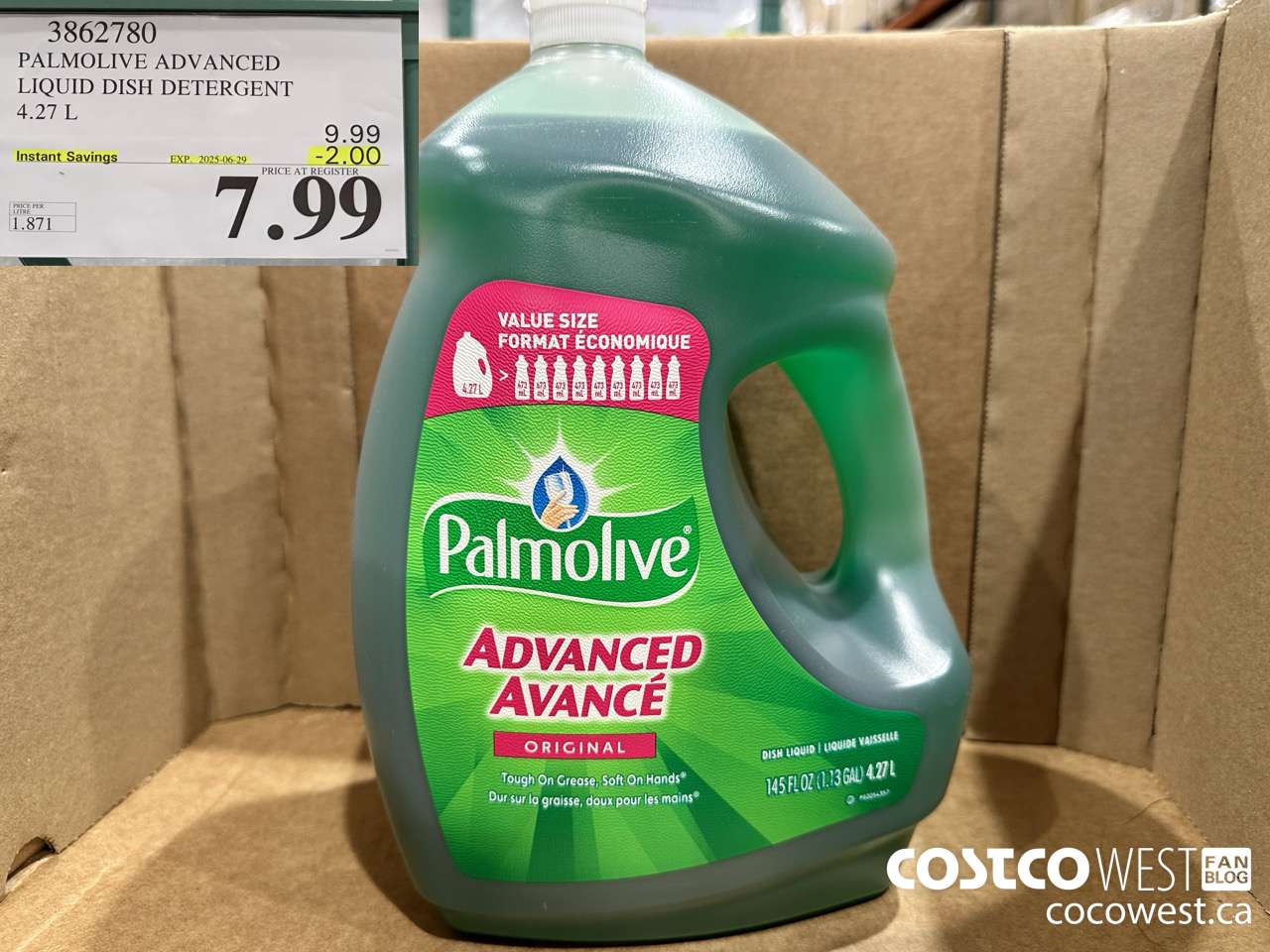 3862780 PALMOLIVE ADVANCED LIQUID DISH DETERGENT 4.27 L ($2.00 INSTANT SAVINGS EXPIRES ON 2025-06-29) $7.99