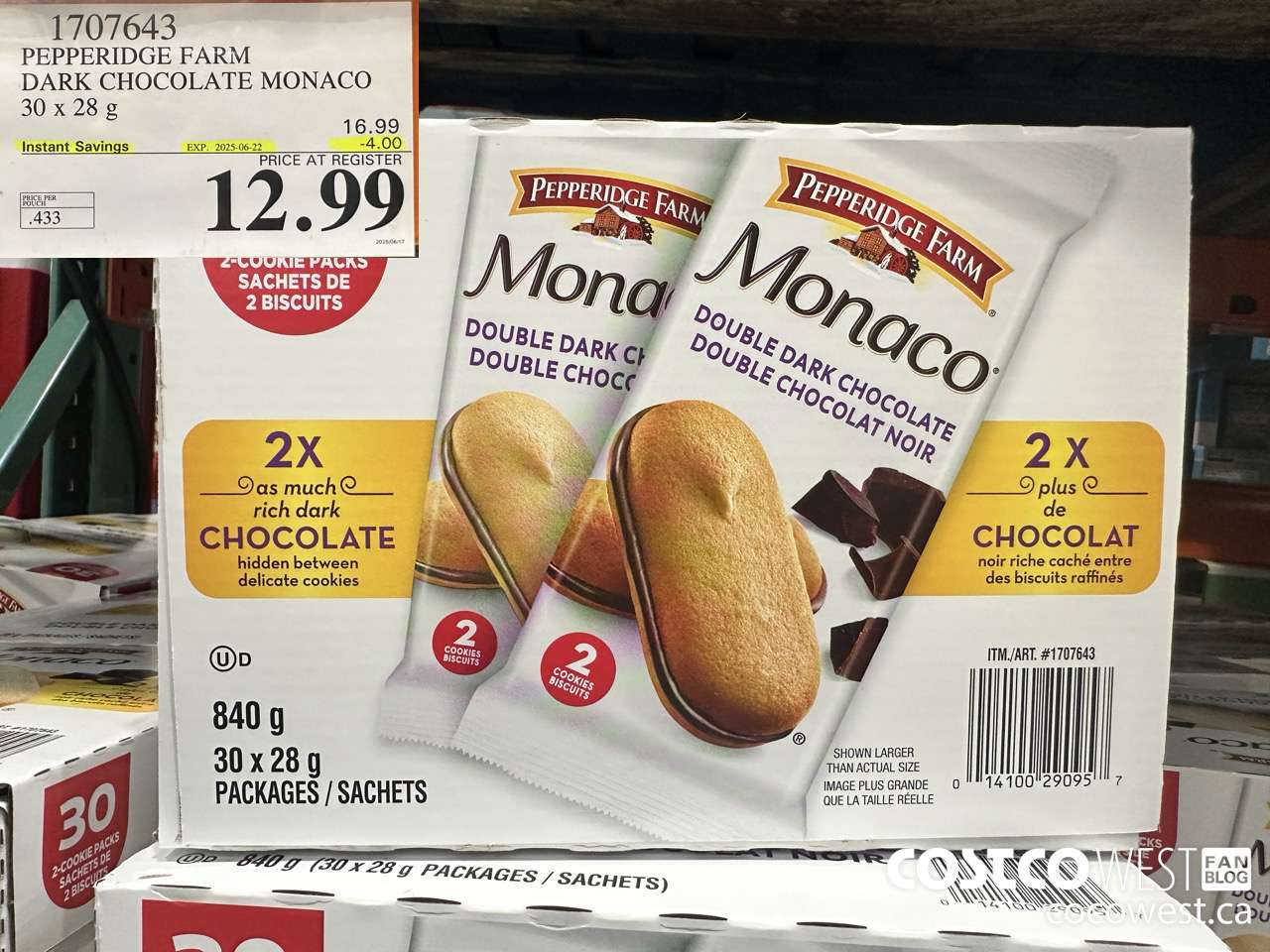 1707643 PEPPERIDGE FARM DARK CHOCOLATE MONACO 30 X 28G ($4.00 INSTANT SAVINGS EXPIRES ON 2025-06-22) $12.99