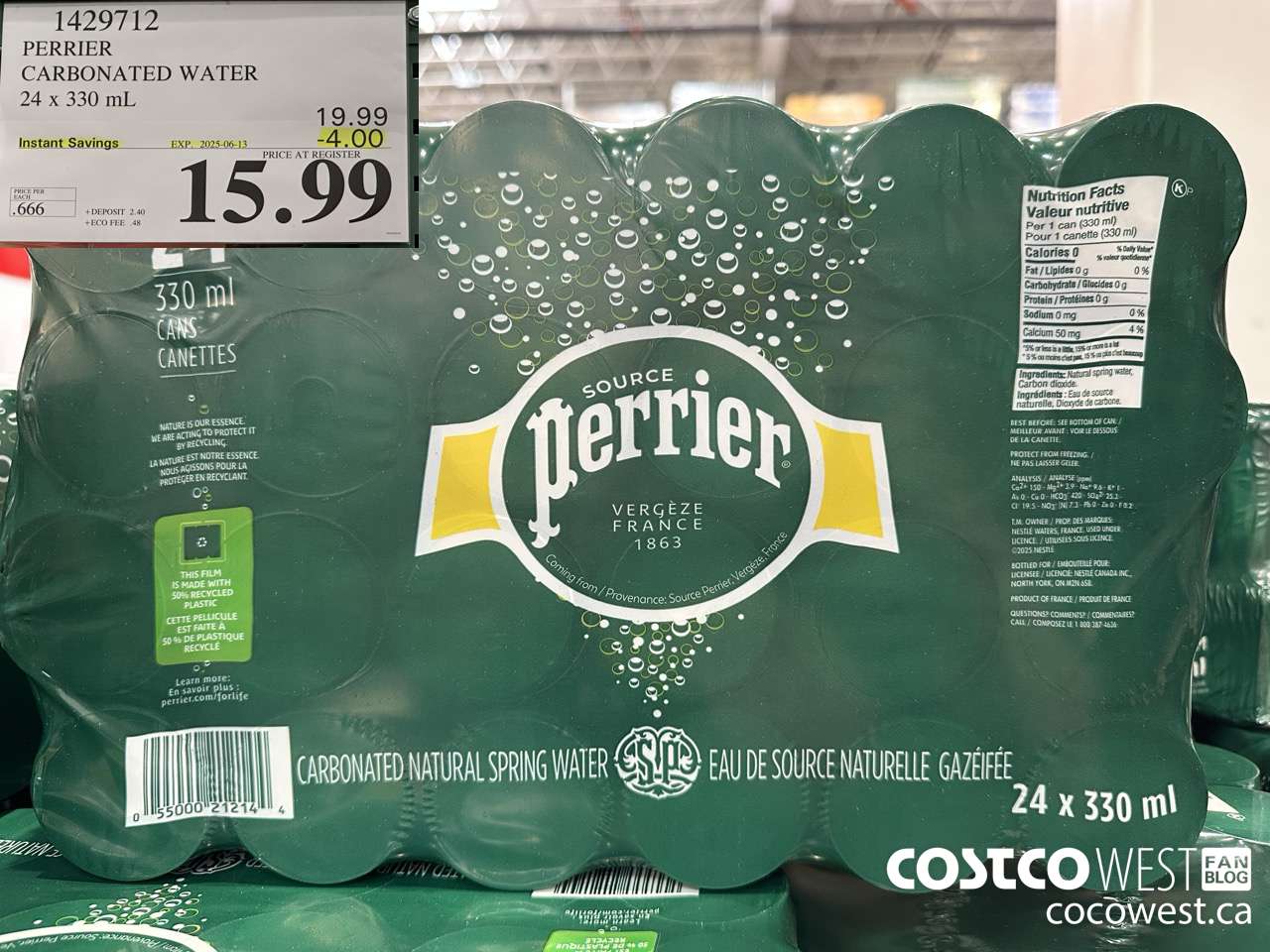 1429712 PERRIER CARBONATED WATER 24 X 330ML ($4.00 INSTANT SAVINGS EXPIRES ON 2025-06-13) $15.99