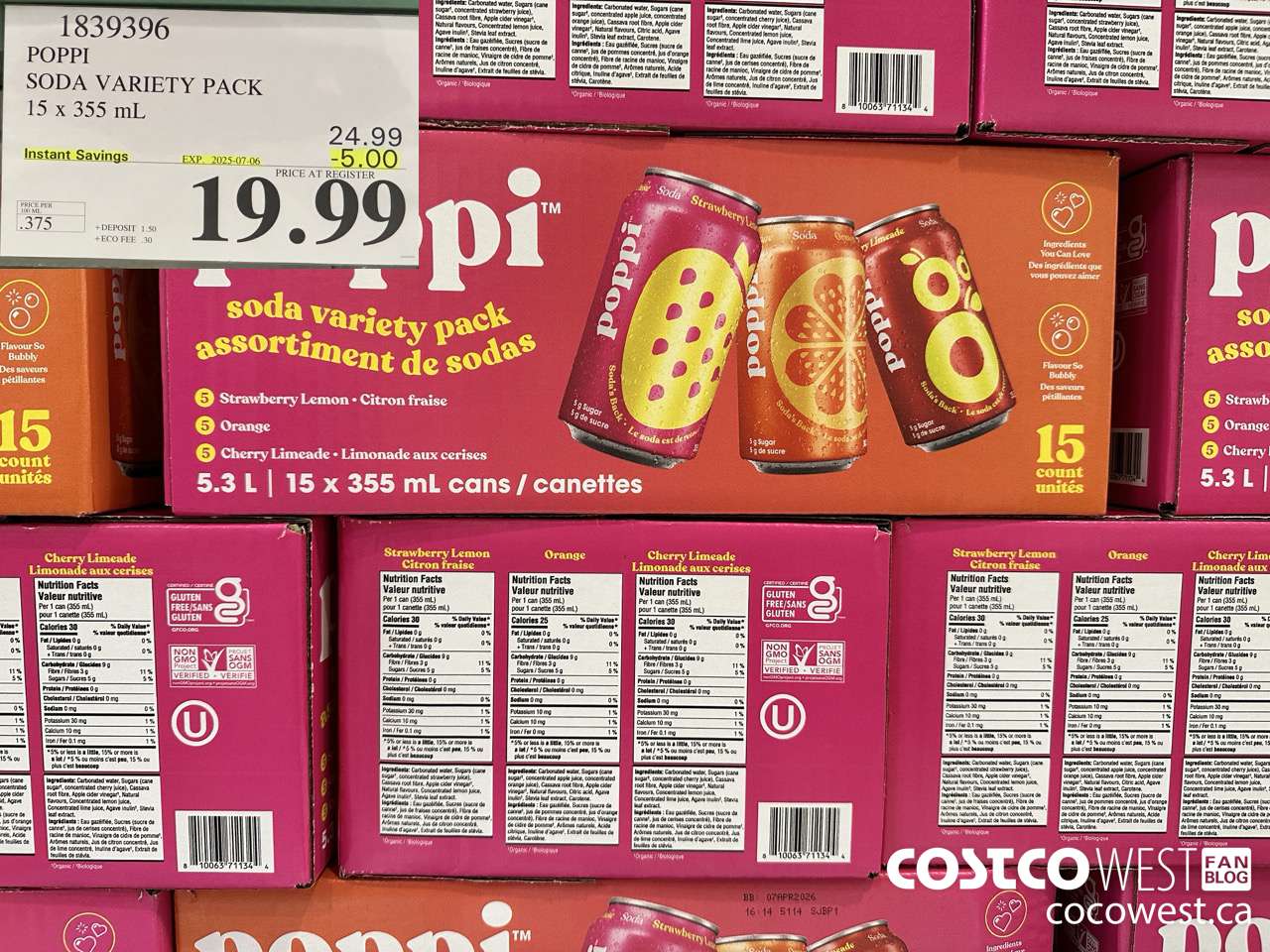 1839396 POPPI SODA VARIETY PACK 15 X 355ML ($5.00 INSTANT SAVINGS EXPIRES ON 2025-07-06) $19.99