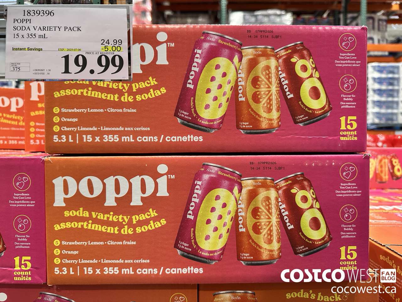 1839396 POPPI SODA VARIETY PACK 15 X 355ML ($5.00 INSTANT SAVINGS EXPIRES ON 2025-07-06) $19.99