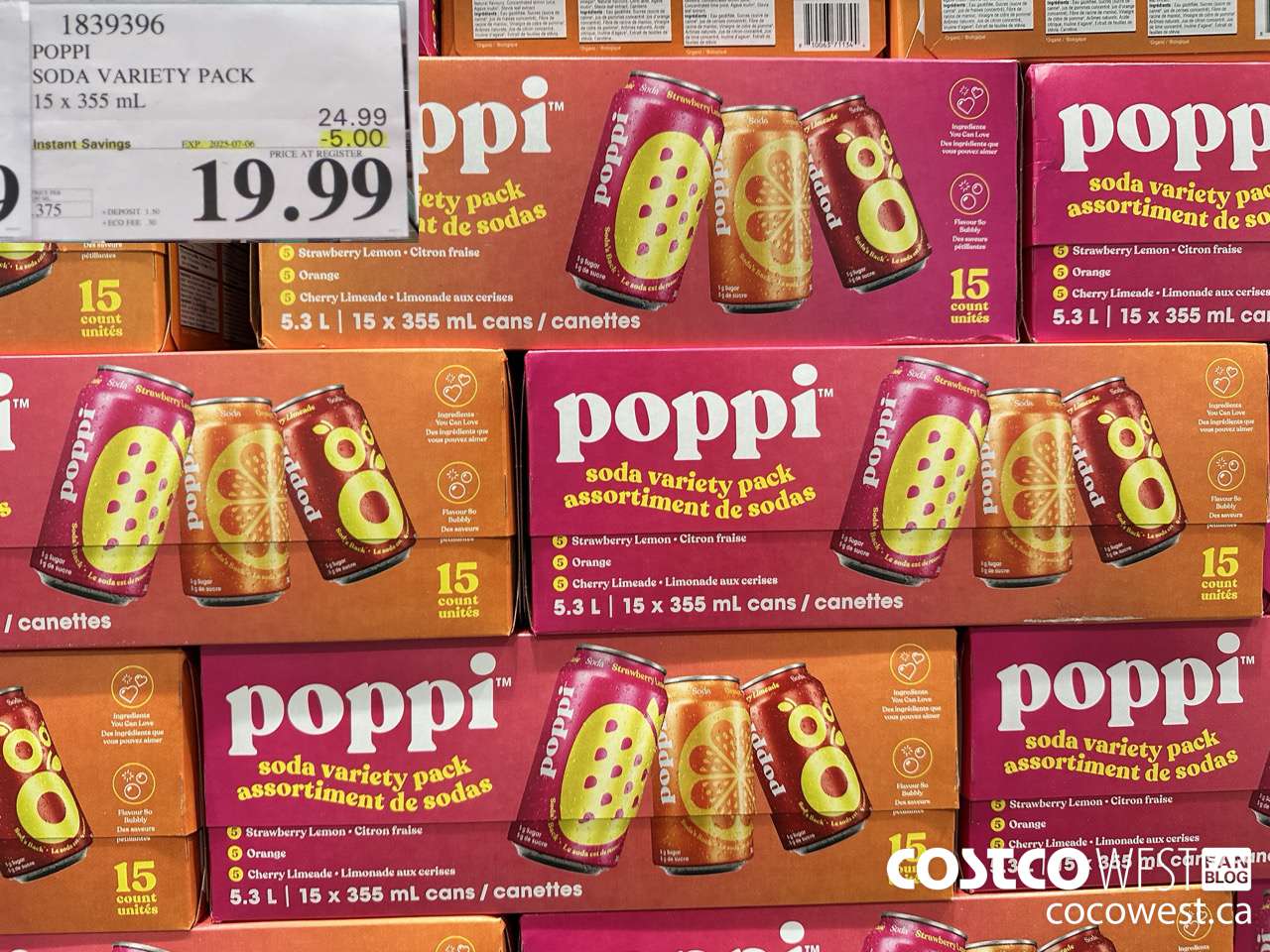 1839396 POPPI SODA VARIETY PACK 15 X 355ML ($5.00 INSTANT SAVINGS EXPIRES ON 2025-07-06) $19.99