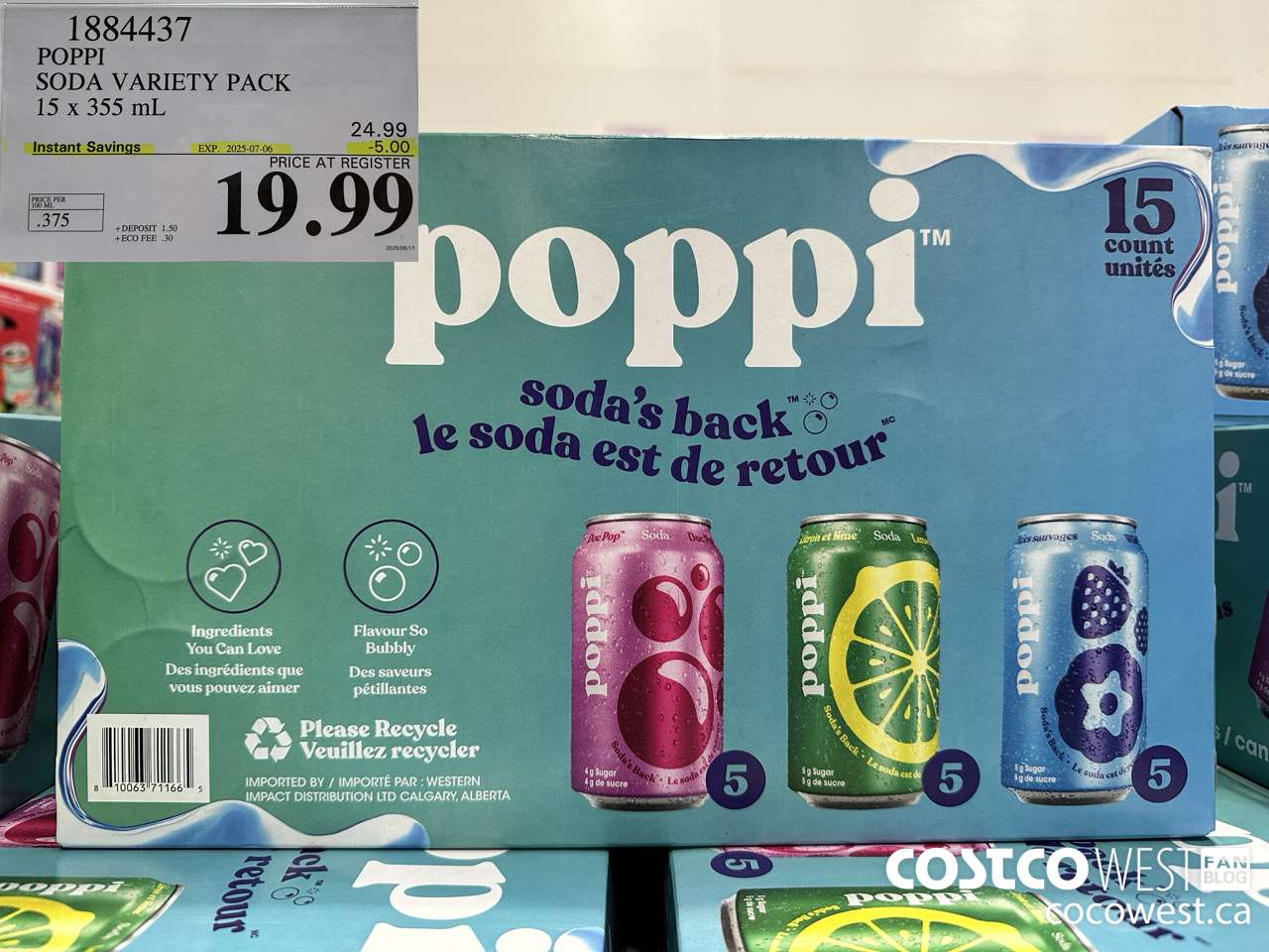 1884437 POPPI SODA VARIETY PACK 15 X 355ML ($5.00 INSTANT SAVINGS EXPIRES ON 2025-07-06) $19.99