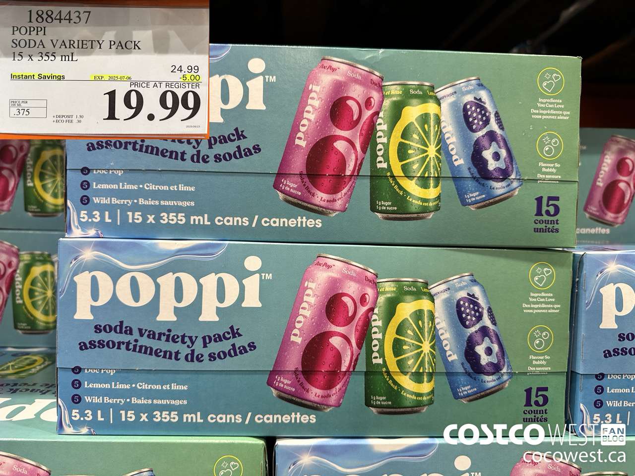 1884437 POPPI SODA VARIETY PACK 15 X 355ML ($5.00 INSTANT SAVINGS EXPIRES ON 2025-07-06) $19.99