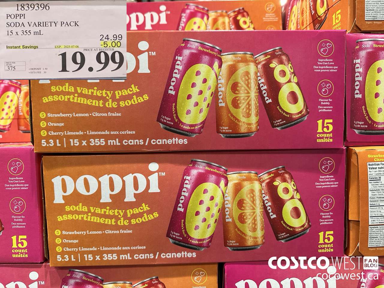 1839396 POPPI SODA VARIETY PACK 15 X 355ML ($5.00 INSTANT SAVINGS EXPIRES ON 2025-07-06) $19.99