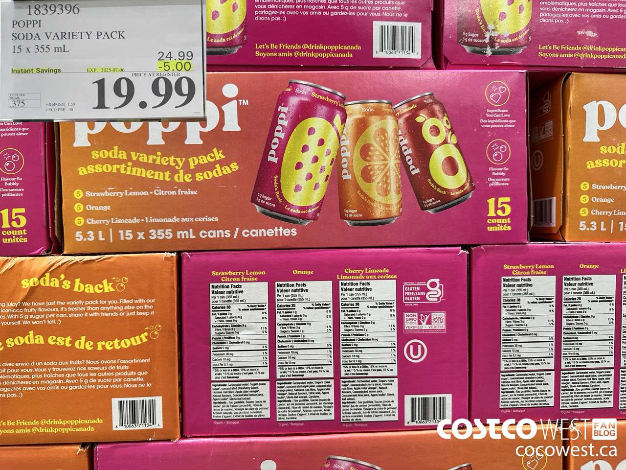 1839396 POPPI SODA VARIETY PACK 15 X 355ML ($5.00 INSTANT SAVINGS EXPIRES ON 2025-07-06) $19.99