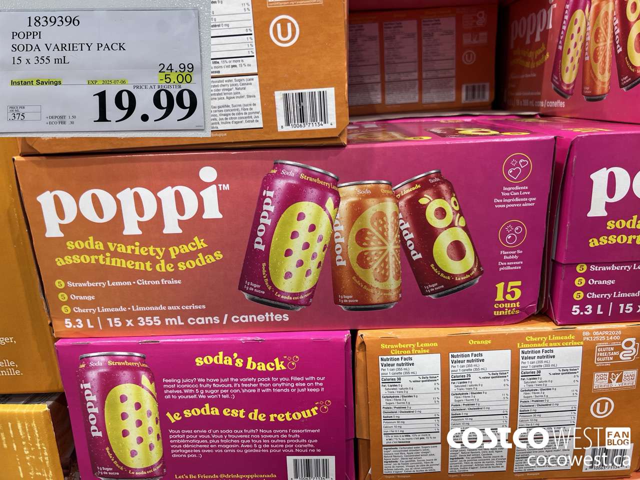 1839396 POPPI SODA VARIETY PACK 15 X 355ML ($5.00 INSTANT SAVINGS EXPIRES ON 2025-07-06) $19.99