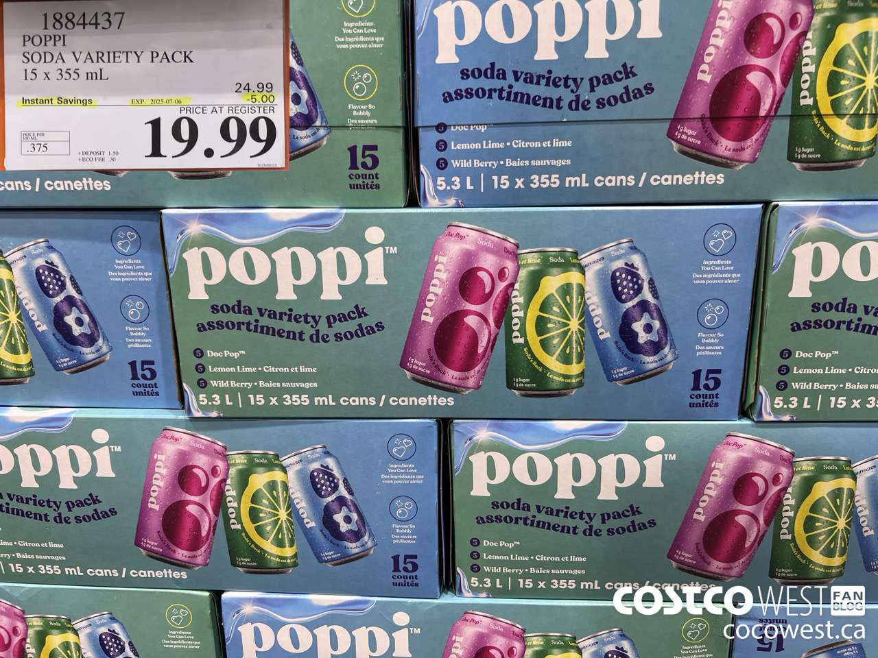 1884437 POPPI SODA VARIETY PACK 15 X 355ML ($5.00 INSTANT SAVINGS EXPIRES ON 2025-07-06) $19.99