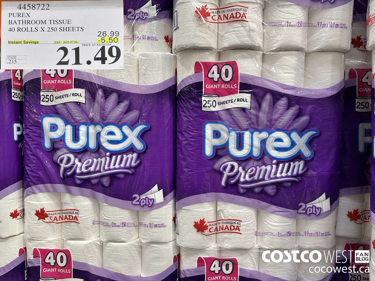 4458722 PUREX BATHROOM TISSUE 40 ROLLS X 250 SHEETS ($5.50 INSTANT SAVINGS EXPIRES ON 2025-07-06) $21.49