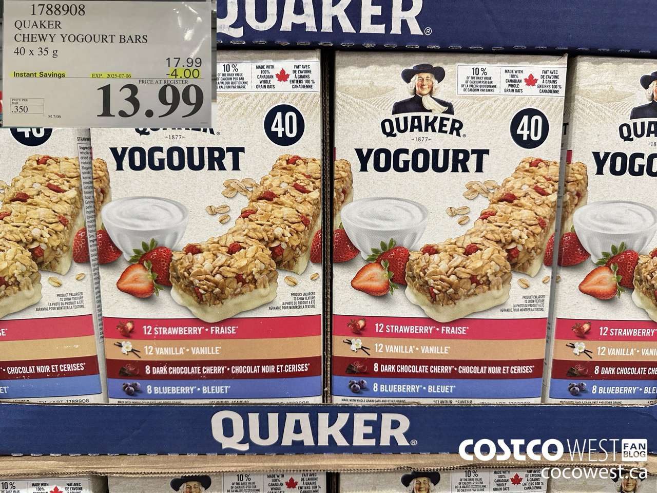 1788908 QUAKER CHEWY YOGOURT BARS 40 X 35 G ($4.00 INSTANT SAVINGS EXPIRES ON 2025-07-06) $13.99
