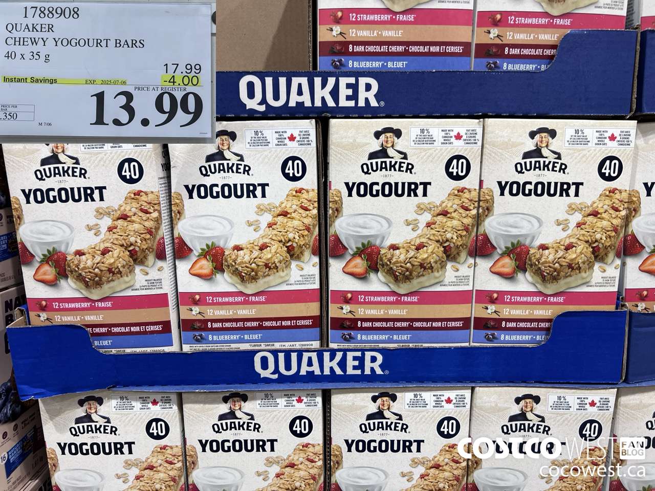 1788908 QUAKER CHEWY YOGOURT BARS 40 X 35 G ($4.00 INSTANT SAVINGS EXPIRES ON 2025-07-06) $13.99