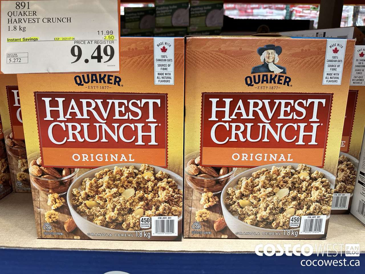 891 QUAKER HARVEST CRUNCH 1.8 KG ($2.50 INSTANT SAVINGS EXPIRES ON 2025-07-06) $9.49