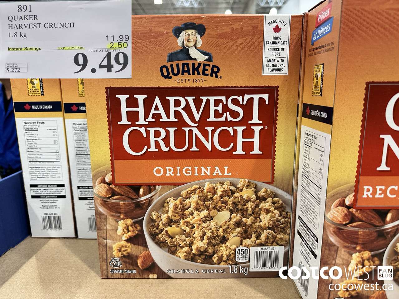 891 QUAKER HARVEST CRUNCH 1.8 KG ($2.50 INSTANT SAVINGS EXPIRES ON 2025-07-06) $9.49