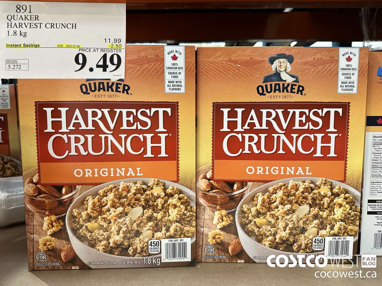 891 QUAKER HARVEST CRUNCH 1.8 KG ($2.50 INSTANT SAVINGS EXPIRES ON 2025-07-06) $9.49