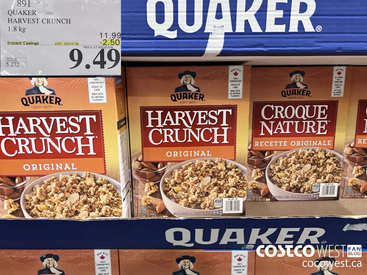 891 QUAKER HARVEST CRUNCH 1.8 KG ($2.50 INSTANT SAVINGS EXPIRES ON 2025-07-06) $9.49