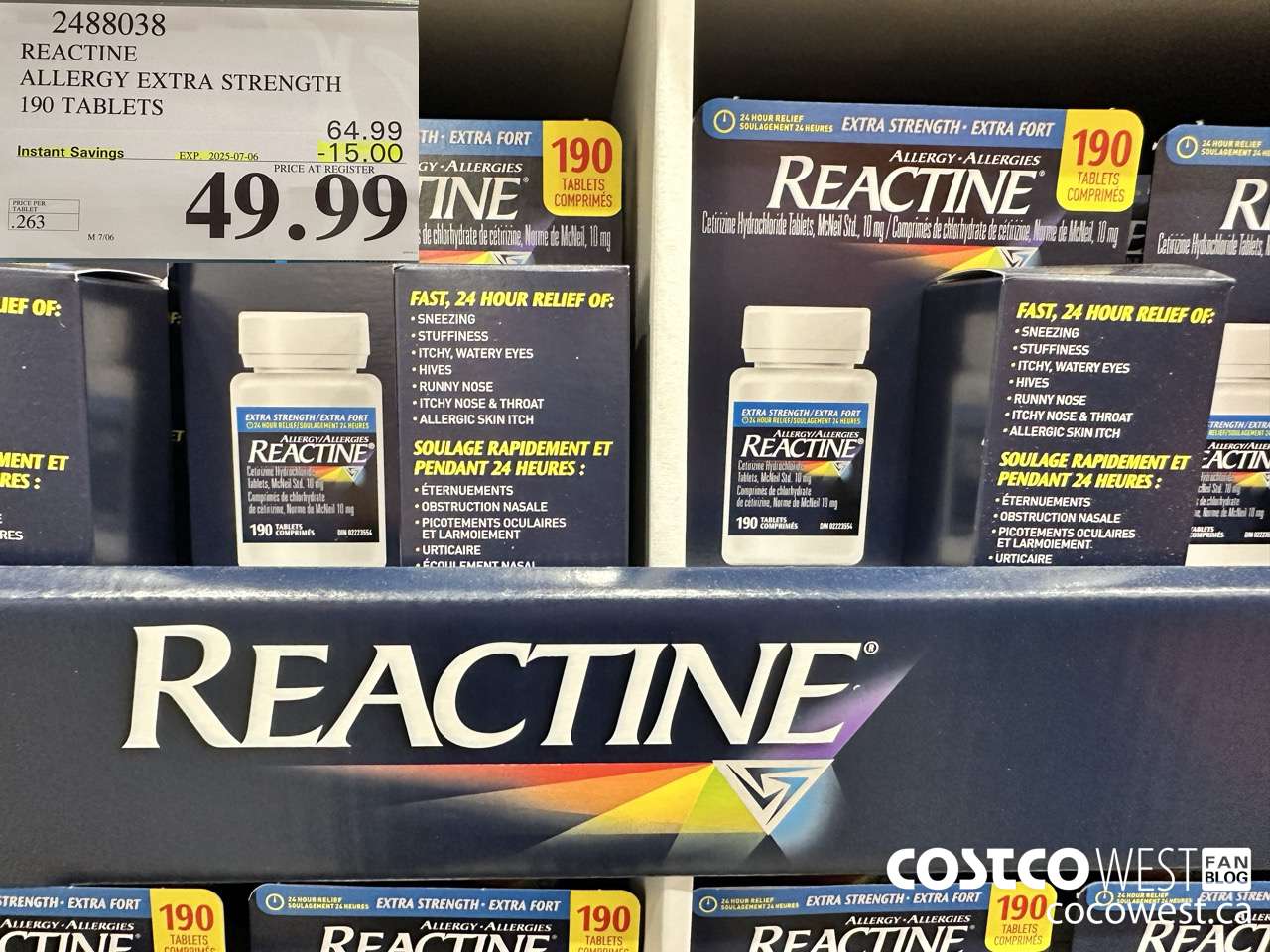 2488038 REACTINE ALLERGY EXTRA STRENGTH 190 TABLETS ($15.00 INSTANT SAVINGS EXPIRES ON 2025-07-06) $49.99