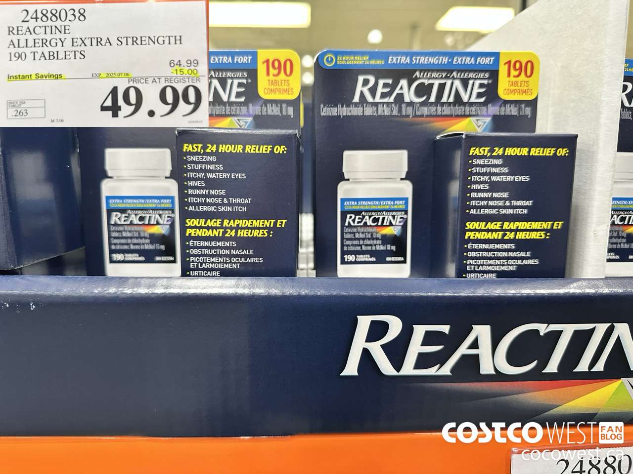 2488038 REACTINE ALLERGY EXTRA STRENGTH 190 TABLETS ($15.00 INSTANT SAVINGS EXPIRES ON 2025-07-06) $49.99