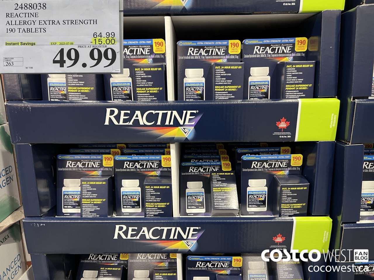 2488038 REACTINE ALLERGY EXTRA STRENGTH 190 TABLETS ($15.00 INSTANT SAVINGS EXPIRES ON 2025-07-06) $49.99
