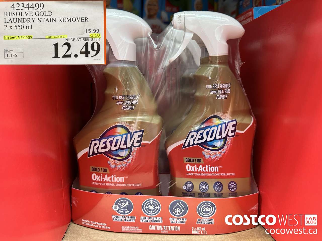 4234499 RESOLVE GOLD LAUNDRY STAIN REMOVER 2 X 550ML ($3.50 INSTANT SAVINGS EXPIRES ON 2025-06-22) $12.49